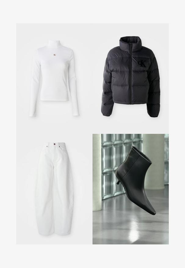 Chaqueta puffer negra, diseño corto con cuello alto, con secciones acolchadas horizontales y cremallera frontal. Logo bordado en el pecho.; Top de cuello alto de manga larga en color blanco, hecho de material acanalado. Presenta un pequeño logo bordado en el centro. Diseño ajustado y sin patrones.; Pantalones de mezclilla blancos de tiro alto con un corte holgado. Presentan un cierre de botón, bolsillos laterales y un diseño minimalista. Textura suave.; Botín negro de cuero con punta puntiaguda y tacón bajo estilo kitten, mostrado en ángulo sobre un suelo pulido y con una pared de bloques de vidrio de fondo.