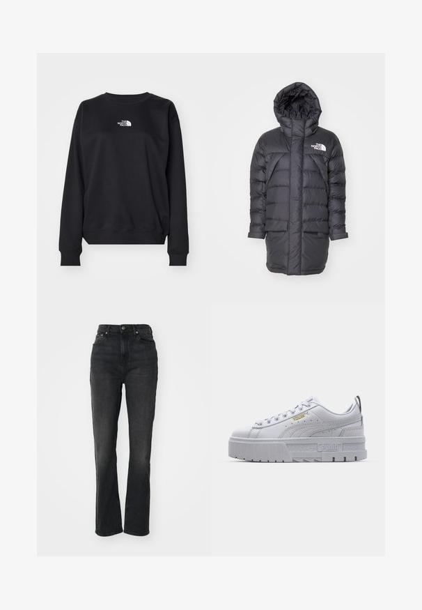 Sort puffjakke med hætte, med quiltet design, to forlommer og et hvidt mærkelogo på øverste venstre side.; Sort sweatshirt fremstillet af bomuldsblanding, med rund halsudskæring, lange ærmer, ribbede manchetter og et lille hvidt logo på brystet.; Højtaljede sorte denim jeans med lige ben, fem-lomme design, frontlukning med knap og minimal syning.; Hvide platform sneakers med en glat læderoverdel, polstret krave, grå gummisål og gyldne detaljer med Puma-logoet.