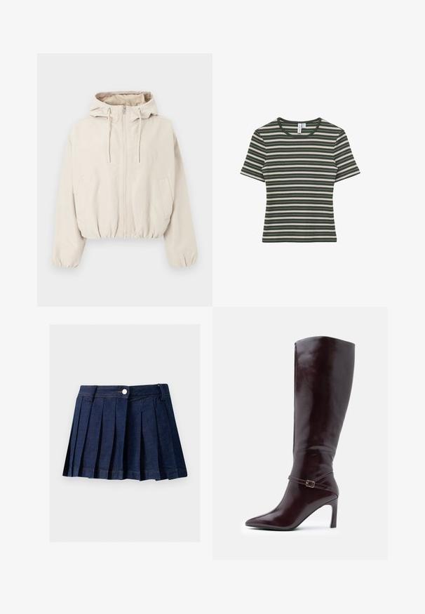 Beige gewatteerde jas met capuchon, ritssluiting aan de voorkant, capuchon met trekkoord, elastische manchetten, twee schuine zakken en elastische zoom.; Kortemouws T-shirt van geribbelde stof, donker groen en beige met horizontale strepen, en een ronde hals.; Donkerdenim geplooide rok met een aansluitende taille, knoopsluiting en contrasterende stiksels. Beschikt over nette plooien en een rechte zoom.; Kastanjebruine leren laarzen tot de knie met een spitse neus, een stilettohak en een decoratieve gespsluiting rond de enkel. Glad van structuur.