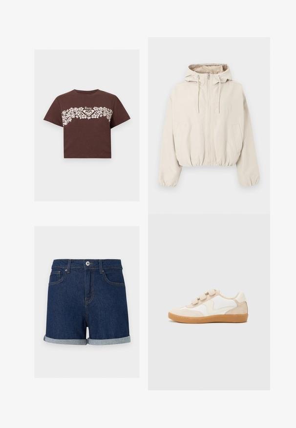 Veste beige à capuche avec fermeture éclair à l'avant, capuche à cordon, poignets élastiques, deux poches inclinées et ourlet élastique.; T-shirt crop marron avec motif floral blanc sur la poitrine et logo "Roxy" au centre.; Short en denim bleu foncé avec ourlets pliés, fermeture à boutons et zip à l'avant, et poches avant sur fond uni.; Baskets en cuir blanc et beige avec des accents en daim, dotées d'un bout rond, de trois bandoulières Velcro et d'une semelle en caoutchouc couleur gomme.