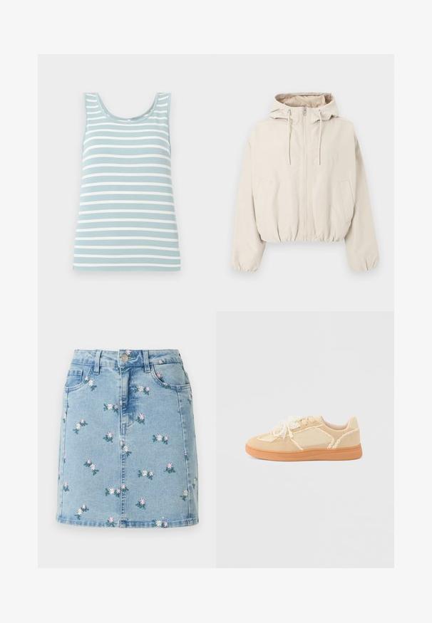 Veste beige à capuche avec fermeture éclair à l'avant, capuche à cordon, poignets élastiques, deux poches inclinées et ourlet élastique.; Débardeur bleu clair avec des rayures horizontales blanches, fabriqué en tissu doux. Il présente un décolleté arrondi et un design sans manches.; Jupe en denim bleu clair avec petites fleurs roses et blanches brodées, poches avant, passants pour ceinture et fermeture par boutons.; Baskets basses beiges avec un nœud sur les lacets orné de perles, tige en suède et tissu, et semelle en caoutchouc marron clair.