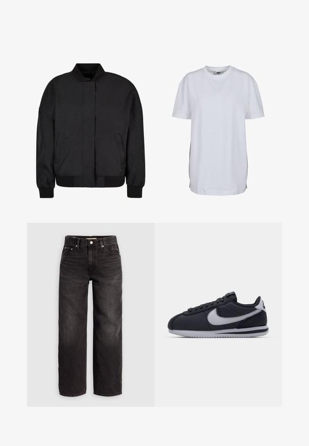 Μαύρο bomber jacket, κατασκευασμένο από λείο ύφασμα με ψηλό γιακά, κλείσιμο μπροστά με φερμουάρ, ριμπ μανσέτες και στρίφωμα, διαθέτοντας πλάγιες τσέπες.; Απλό λευκό κοντομάνικο μπλουζάκι με στρογγυλή λαιμόκοψη, ίσιο τελείωμα και μικρή ορατή ετικέτα μάρκας μέσα στο γιακά.; Levi's® BAGGY DAD - Φαρδύ τζιν - shrink up; Μαύρο αθλητικό παπούτσι με γκρι λεπτομέρειες, λείος συνθετικός επάνω, υφή στην σόλα, στρογγυλή μύτη και επίπεδα κορδόνια. Κλασικός σχεδιασμός με λεπτομέρεια λογότυπου.