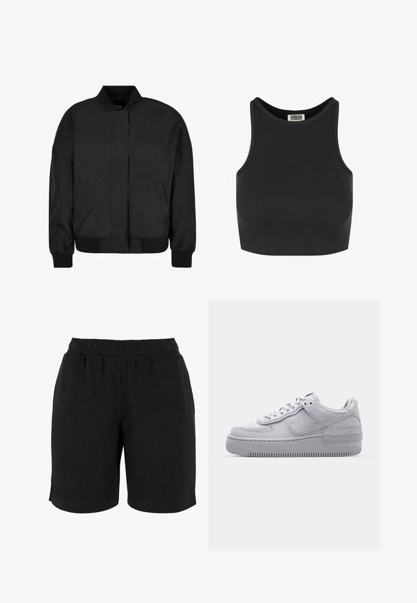 Veste bomber noire, en tissu lisse avec un col montant, fermeture éclair à l'avant, poignets et ourlet côtelés, avec des poches latérales.; Crop top noir côtelé avec un design sans manches. Caractérisé par un col rond et une texture lisse. Étiquette visible à l'intérieur du col.; Shorts en coton noirs avec une taille élastique, présentant une texture lisse et une coupe simple. Aucun poche ni embellissement visible.; Basket en cuir lisse gris Nike Air Force 1 avec un bout perforé, une semelle épaisse et un détail 'AIR' en relief sur le talon.