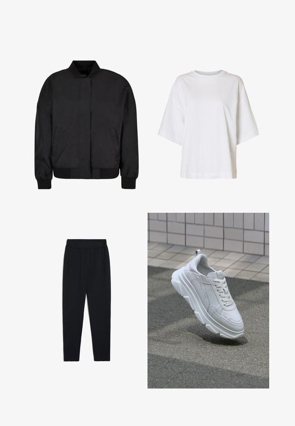 Schwarze Bomberjacke aus glattem Stoff mit hohem Kragen, Front-Reißverschluss, gerippten Bündchen und Saum sowie seitlichen Taschen.; Weißes T-Shirt mit kurzem Ärmel, weitem Schnitt, eingesetzten Schultern und rundem Ausschnitt auf einfarbigem Hintergrund.; Schwarze Jogginghosen aus weichem Stoff, mit einem dehnbaren Bund, Seitentaschen und schmalen Beinen für eine taillierte Optik.; Weiße Leder-Sneaker mit einer dicken, strukturierten Gummisohle, ausgestattet mit Schnürverschluss und Nahtdetails. Rund zulaufende Zehenkappe und unterstützendes Design für den Knöchel.