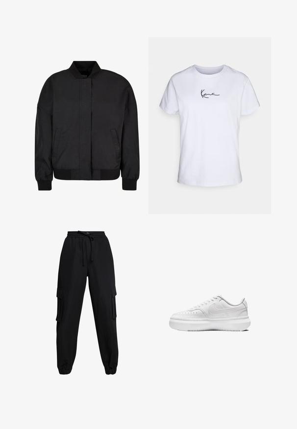 Chaqueta bomber negra, hecha de tela suave con un cuello alto, cierre frontal de cremallera, puños y dobladillo acanalados, y con bolsillos laterales.; Camiseta de algodón blanca con mangas cortas, que presenta una firma bordada en negro en el área del pecho izquierdo. Diseño clásico de cuello redondo.; Pantalones cargo negros hechos de una tela ligera, con cinturilla elástica, cordón y bolsillos laterales. Los dobladillos en los tobillos completan el diseño.; Zapatillas blancas con parte superior de cuero liso, puntera redonda, detalles perforados y suela de goma blanca gruesa. Presenta el logotipo en el lateral y cordones planos.