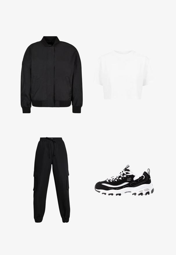 Chaqueta bomber negra, hecha de tela suave con un cuello alto, cierre frontal de cremallera, puños y dobladillo acanalados, y con bolsillos laterales.; Camiseta blanca corta, de mangas cortas, con cuello redondo, hecha de una tela suave, sin patrones visibles ni herrajes distintivos.; Pantalones cargo negros hechos de una tela ligera, con cinturilla elástica, cordón y bolsillos laterales. Los dobladillos en los tobillos completan el diseño.; Zapatilla deportiva en blanco y negro con parte superior de ante, cuello acolchado y suela ligera. Presenta un logotipo prominente y detalles de costura en contraste.