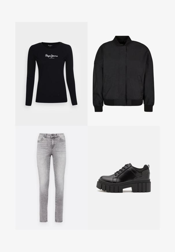 Veste bomber noire, en tissu lisse avec un col montant, fermeture éclair à l'avant, poignets et ourlet côtelés, avec des poches latérales.; T-shirt noir à manches longues en coton, avec un col rond et un logo blanc "Pepe Jeans LONDON" au centre.; Jean skinny dans un délavé gris, en denim. Se ferme par un bouton et une fermeture éclair, possède cinq poches et un léger effet froissé.; Chaussures à plateforme en cuir noir avec un talon bloc épais, bout rond et un design traditionnel à lacets. Elles présentent une texture lisse et un détail minimal.