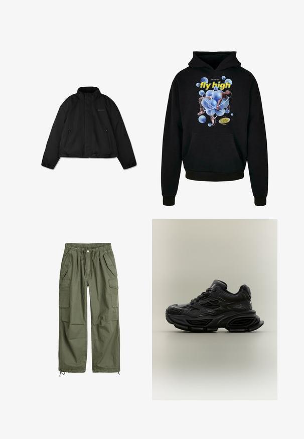 Sort dunjakke med høj krave, lynlåslommer i siden og subtilt logo på venstre bryst, vist fladt mod hvid baggrund.; Sort sweatshirt med hætte, der har et centralt grafisk motiv af blå bobler og en figur. Teksten siger "fly high" i gult. Kængurulomme foran.; Olivenfarvede cargo-bukser med elastisk talje, snor, flere sidelommer og tætsiddende ankler. Fremstillet af holdbart bomuldsstof.; Sort chunky sneaker med tekstureret design, tyk sål og snørelukning vist mod en almindelig neutral baggrund.