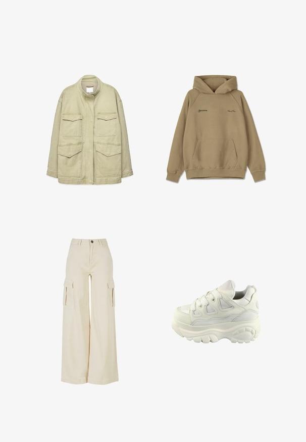 Lysebeige arbejdsjakke med høj krave, trykknaplukning foran og fire klaplommer foran, designet til afslappet brug.; Beige hættebluse i fleece materiale, med en frontlomme, ribbede mansjetter og broderede logoer på brystet.; Beige cargo bukser med vidde, lavet af bomuld, med to store sidelommer, lukning med knap foran og en ren kant.; Hvide sneakers med en kraftig sål, struktureret læder, snørebåndsdesign og vinklede udsparinger på siderne for åndbarhed og stil.