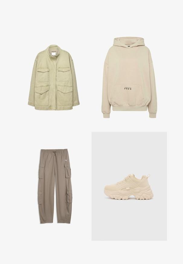 Chaqueta utilitaria beige claro con cuello alto, cierre frontal con botones automáticos y cuatro bolsillos con solapa en el frente, diseñada para uso casual.; Sudadera con capucha beige con bolsillo frontal, puños acanalados y capucha con cordón. Texto "PECADOR PGDR" impreso en el área del bolsillo.; Pantalones cargo de corte ancho de color marrón claro con cintura con cordón y bolsillos con solapa en cada pierna, con un pequeño logo blanco de Puma en el lado derecho.; Buffalo GALACTICA - Zapatillas - cream