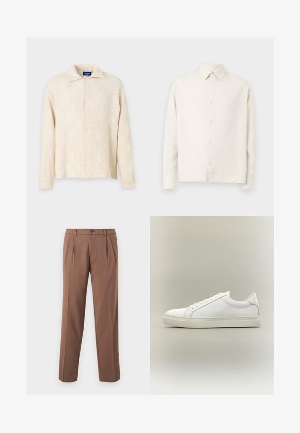 Beige knap-up skjorte lavet af struktureret stof, prydet med et diamantmønster og en klassisk krave. Fire knapper langs forsiden.; Lys beige langærmet skjorte lavet af struktureret stof. Har en krave og knaplukning foran samt en ligefrem kant.; Brune plisserede bukser med lige ben-design, der har en enkelt knaplukning og en glat, struktureret stof.; Hvid lavtop sneaker med snørebånd foran og tyk sål, vist fra siden mod en neutral baggrund.