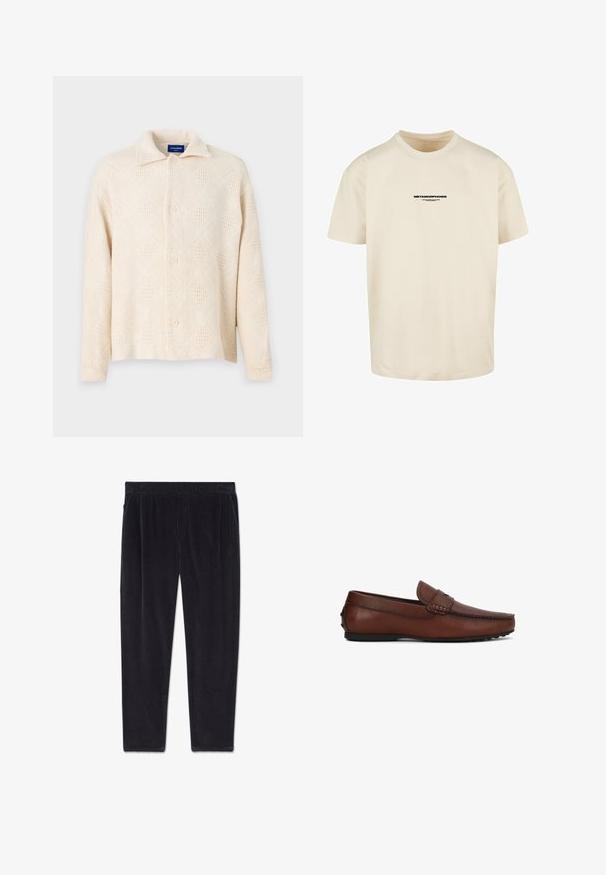 Beige Hemd mit Knopfleiste aus strukturiertem Stoff, mit einem Rautenmuster und einem klassischen Kragen. Vier Knöpfe auf der Vorderseite.; Cremfarbener Baumwoll-T-Shirt mit Rundhalsausschnitt. Mit einem schwarzen Drucktext "METAMORPHOSIS" auf der Vorderseite, kurzen Ärmeln und geradem Saum.; Schwarze Cordhosen mit elastischem Bund und Seitentaschen, flach auf weißem Hintergrund liegend.; Braune Leder-Loafer mit strukturierter Oberfläche, gestickten Details und schlankem Profil. Schwarze Gummisohle mit kleinen rutschfesten Noppen.