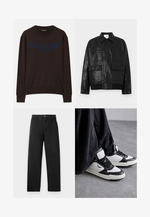 Veste en simili cuir noir avec un col, un bouton-pression à l'avant, un ourlet côtelé et quatre grandes poches à rabat et à patch à l'avant.; Pull en maille marron foncé à manches longues avec des bords-côtes aux poignets et à l'ourlet, arborant un logo "RC" bleu marine à ailes sur la poitrine et un col rond.; Pantalons en denim noir à coupe droite, avec une fermeture à bouton à l'avant et une couture discrète. Texture lisse et branding minimal.; Baskets montantes noir et blanc avec un détail de lacets texturé noir, en cuir et matière synthétique, affichant un logo sur le côté.