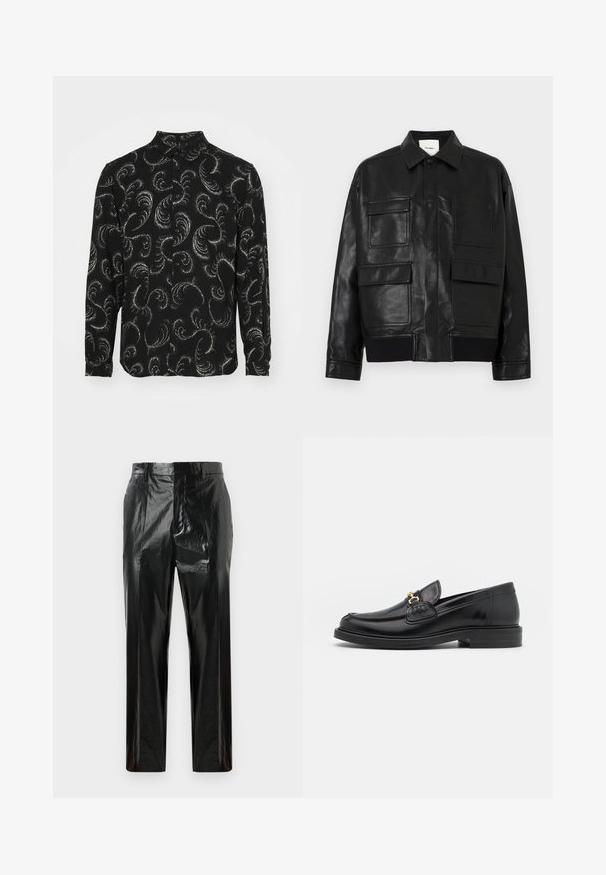 Veste en simili cuir noir avec un col, un bouton-pression à l'avant, un ourlet côtelé et quatre grandes poches à rabat et à patch à l'avant.; Chemise noire à boutons avec des motifs en paisley blancs tourbillonnants, manches longues et col classique, fabriquée en tissu léger.; Pantalons en vinyle noir brillant à jambes droites, avec passants de ceinture, fermeture frontale dissimulée et détail de pli pressé.; Mocassins en cuir noir avec un embout rond, présentant des accents en métal doré et des détails de couture, montés sur une semelle en caoutchouc texturé et basse.