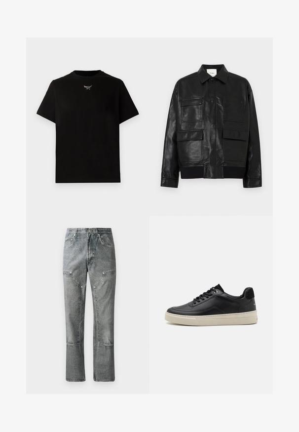 Sorte kunstlæderjakke med krave, forkant med trykknapper, ribbet kant og fire store klap- og lappelommer foran.; Sort bomulds T-shirt med korte ærmer, rund halsudskæring og en sølvlogo detalje på brystet. Glat tekstur og afslappet pasform.; Grå denimjeans med lige pasform, der har frontlommer, synlige sømme og en falmet finish. Materialet har en glat overflade.; Sort lædersneaker med lav profil, der har en cremefarvet gummisål, rund tå og snøre-design, akkompagneret af en hæl i sort ruskind.