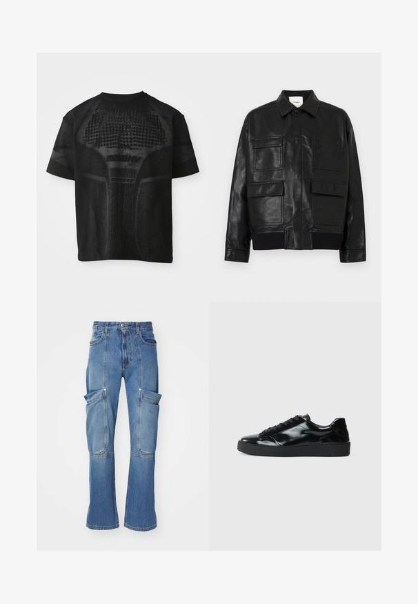 Zwarte neplederen jas met een kraag, voorste drukknoop, geribbelde zoom en vier grote klep- en opgestikte zakken aan de voorkant.; Zwarte sport T-shirt met korte mouwen, voorzien van een gestructureerd patroon en subtiele "MISBHV SPORT" tekst aan de voorkant.; Lichte blauwe denim cargobroek met een hoge taille, meerdere zijzakken en wijde pijpen, met contrasterende stiksels en een ritssluiting.; Zwarte gepatenteerde leren sneakers met een ronde neus, vetersluiting, een gestructureerde rubberen zool en een glanzende afwerking.