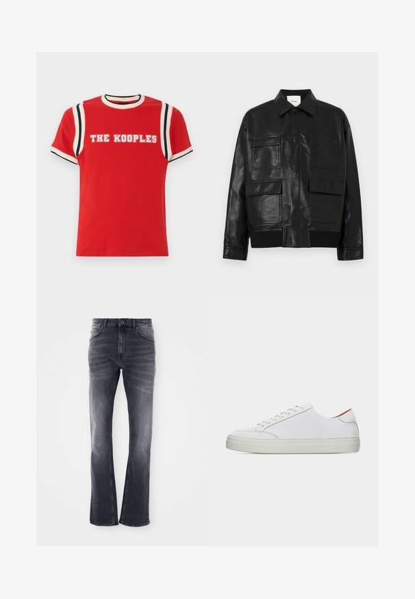 Veste en simili cuir noir avec un col, un bouton-pression à l'avant, un ourlet côtelé et quatre grandes poches à rabat et à patch à l'avant.; T-shirt en coton rouge avec un col rond côtelé, des accents rayés blancs et marins sur les épaules, et "THE KOOPLES" imprimé en lettres blanches en gras.; Jeans en denim gris avec une coupe évasée, présentant une finition légèrement délavée, cinq poches et une fermeture à bouton à l'avant.; Baskets basses blanches en cuir avec fermeture à lacets à l'avant, semelle épaisse et détails de couture minimalistes sur un fond clair uni.