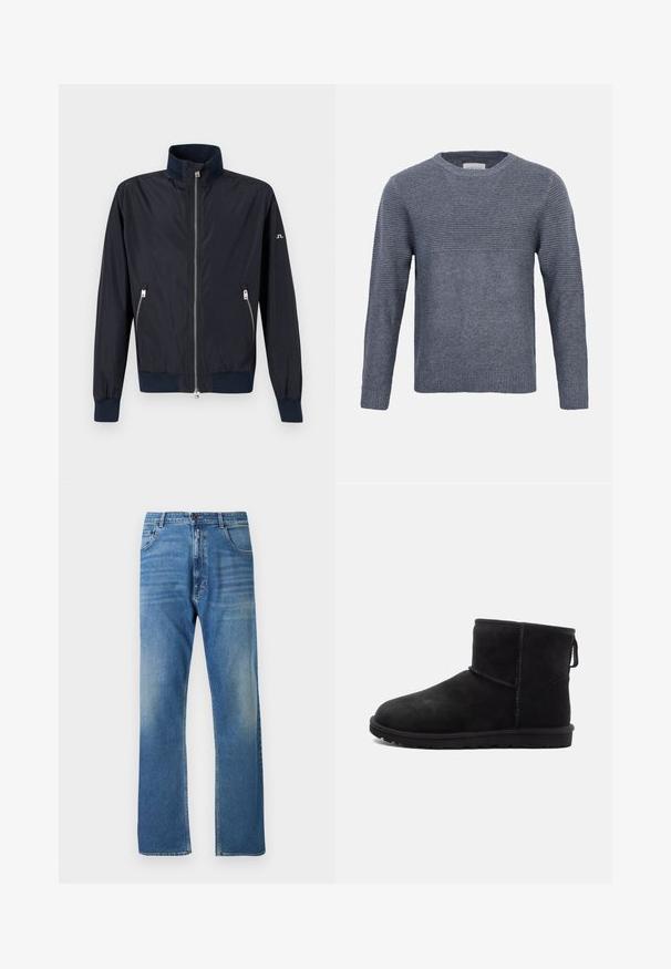 Marineblauw lichtgewicht jack met rits, hoge kraag, elastische manchetten en zoom, en met ritssluiting aan de zijkanten, afgebeeld tegen een effen achtergrond.; Grijze gebreide trui met lange mouwen, ribbelstructuur op de bovenborst, mouwen en effen breisel op de onderkant van de romp en de boorden, ronde hals.; Blauwe denim jeans, recht model, lichte vervaging, standaard vijfzakkenstijl, met metalen knoop en ritssluiting. Geen zichtbare patronen of accenten.; Zwarte suède enkellaarsjes met ronde neus, minimale stikdetails, een lusje om aan te trekken en een gestructureerde rubberen zool. Ontworpen voor warmte en comfort.