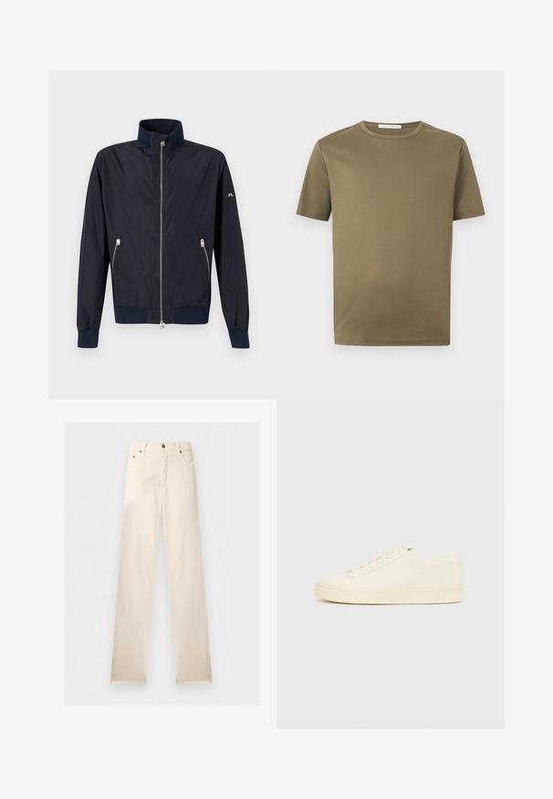 Veste légère bleu marine à fermeture éclair, col montant, poignets et ourlet élastiques, avec poches latérales zippées sur fond uni.; T-shirt vert olive à manches courtes et col rond, de design uni, présenté sur un fond blanc.; Pantalon droit écru avec passants de ceinture, bouton sur le devant, fermeture éclair et poches latérales, présenté sur un fond uni.; Baskets couleur crème avec une tige en cuir lisse, bout arrondi, laçage à l'avant et semelle en caoutchouc texturée. Design minimaliste, sans logo.