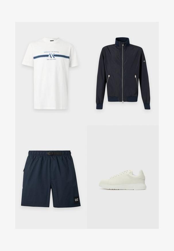 Veste légère bleu marine à fermeture éclair, col montant, poignets et ourlet élastiques, avec poches latérales zippées sur fond uni.; T-shirt blanc à manches courtes avec une bande horizontale bleue et l'inscription "Armani Exchange AX Milano 1991" imprimée sur la poitrine.; Shorts à taille élastique bleu marine foncé avec boucle noire réglable et motif à carreaux subtil, avec un patch logo EA7 noir sur la partie inférieure de la jambe.; Baskets blanches en cuir avec un dessus texturé, bout rond, semelle plate blanche et lacets ton sur ton. Marque discrète sur la languette.