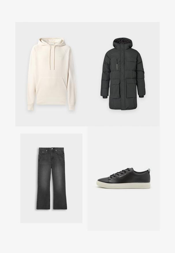 Schwarze Steppjacke mit Kapuze, ausgestattet mit einem Reißverschluss vorne, mehreren Taschen und gerippten Bündchen. Hergestellt aus strapazierfähigem, wasserabweisendem Material.; CLOSED Kapuzenpullover - blush pink; Schwarze, ausgestellte Jeans aus Denim mit einem ausgewaschenen Finish, ausgestattet mit einem vorderen Knopfverschluss, Gürtelschlaufen und zwei Seitentaschen.; Schwarze Leder-Sneaker mit runder Zehenpartie, kontrastierender weißer Gummisohle, sechs Ösen Schnürverschluss und dezenter Markenkennzeichnung an der Seite.