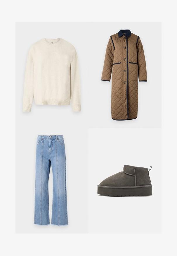 Vero Moda VMEMILY Quilted - Wintermantel - cub/navy blazer; Lichtbeige trui van zachte stof, met een ronde halslijn, lange mouwen en geribbelde manchetten en onderkant. Eenvoudig, klassiek ontwerp.; Lichtblauwe denim wijdlopende jeans met een hoge taille, voornaad en onbewerkte zoom. Voorzien van een klassieke knoop- en ritsluiting in de taille.; Grijze suède enkellaarsjes met een ronde neus, een korte schacht en een dikke rubberen zool. Voorzien van een lusvormige trekband aan de achterkant en ton-sur-ton stiksel.
