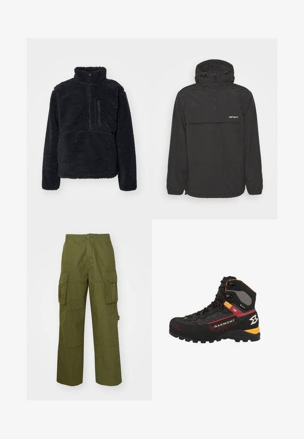 Zwarte pullover jas met capuchon, voorzien van een rits aan de voorkant, een grote borstzak, elastische manchetten en een trekkoord aan de onderkant voor een verstelbare pasvorm.; Zwarte pullover van zacht, getextureerd fleece. Voorzien van een hoge kraag, een gedeeltelijke rits en een ritsvak op de borst.; Olijfgroene cargo broek van duurzaam materiaal, met twee zijzakken, een relaxte pasvorm en een knoopsluiting bij de taille.; Zwarte en grijze wandelboot met rode accenten, voorzien van een gestructureerde bovenkant, vetersluiting en een robuuste zool voor grip. Garmont-logo zichtbaar.