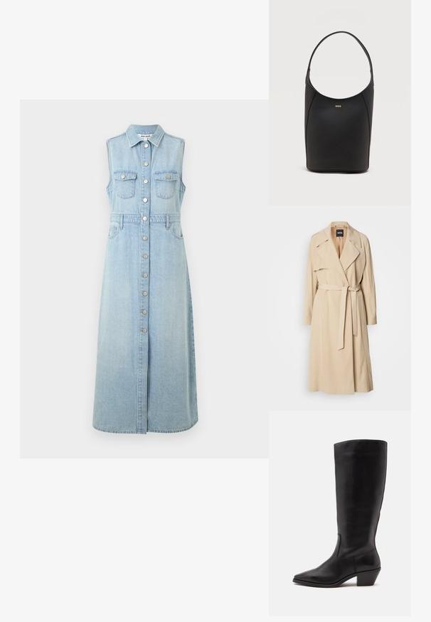 Manteau beige en tissu lisse, avec un design croisé, un large col, une ceinture à la taille et des poches latérales.; Robe sans manches en denim, bleu clair, avec fermeture à boutons à l'avant, deux poches poitrine, taille cintrée et jupe longue à coupe droite.; Botte en cuir noire mi-mollet avec un bout pointu et un talon bas incliné sur un fond clair uni.; Sac seau en cuir noir avec une seule bandoulière et un petit logo BOSS doré centré près du haut à l'avant.