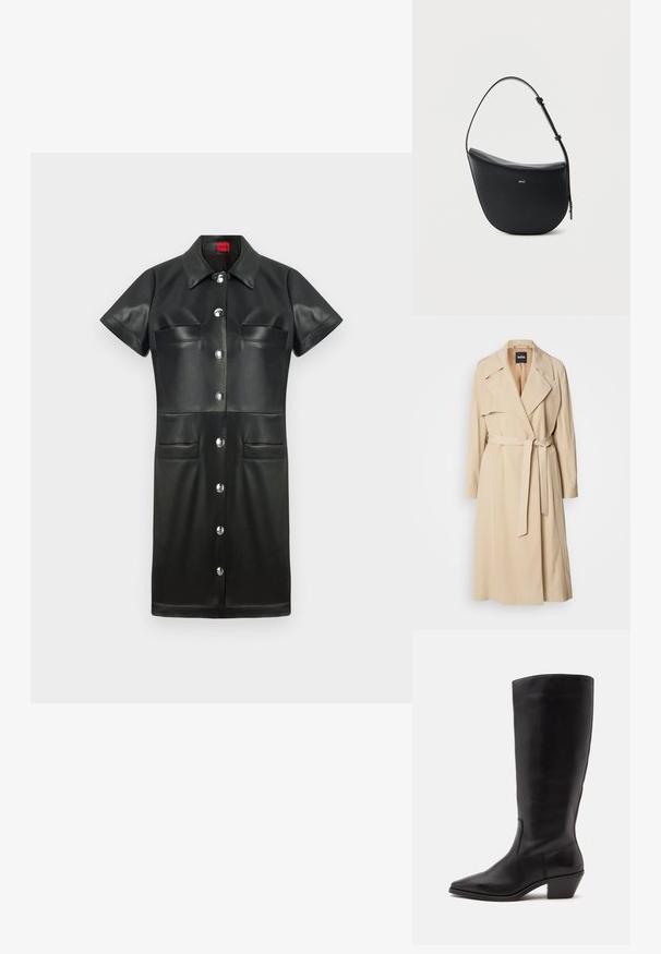 Manteau beige en tissu lisse, avec un design croisé, un large col, une ceinture à la taille et des poches latérales.; Robe en cuir noire avec des manches courtes, un col, une fermeture à boutons sur le devant et deux poches poitrine. Présente des accessoires en métal argenté et une texture lisse.; Botte en cuir noire mi-mollet avec un bout pointu et un talon bas incliné sur un fond clair uni.; Sac à bandoulière en cuir noir en forme de demi-lune avec une bandoulière réglable et le logo doré « BOSS » centré sur le devant.