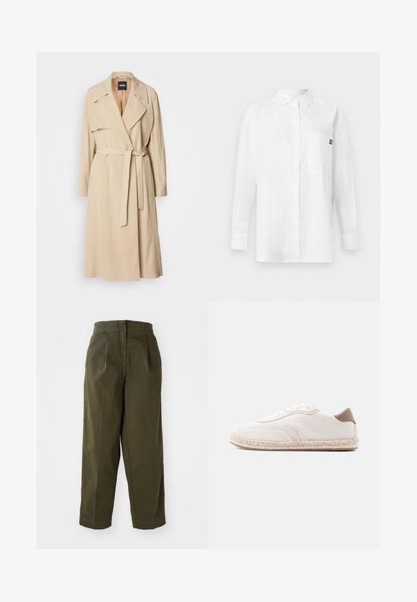 Beige trenchcoat lavet af glat stof, med dobbeltradet design, brede klapper, bælte i taljen og sidelommer.; Hvid langærmet skjorte lavet af bomuldsblandingsstof, med en button-down krave, brystlomme og et lille sort logo på brystet.; Olivenfarvede, vide bukser med høj talje, der har frontfolder og oprevne kanter. Fremstillet af letvægtsstof med en glat overflade.; Hvid sneakers med øverste del i ruskind, beige accenter og en sål vævet af jute. Har flade snørebånd og et side logo med mærke.