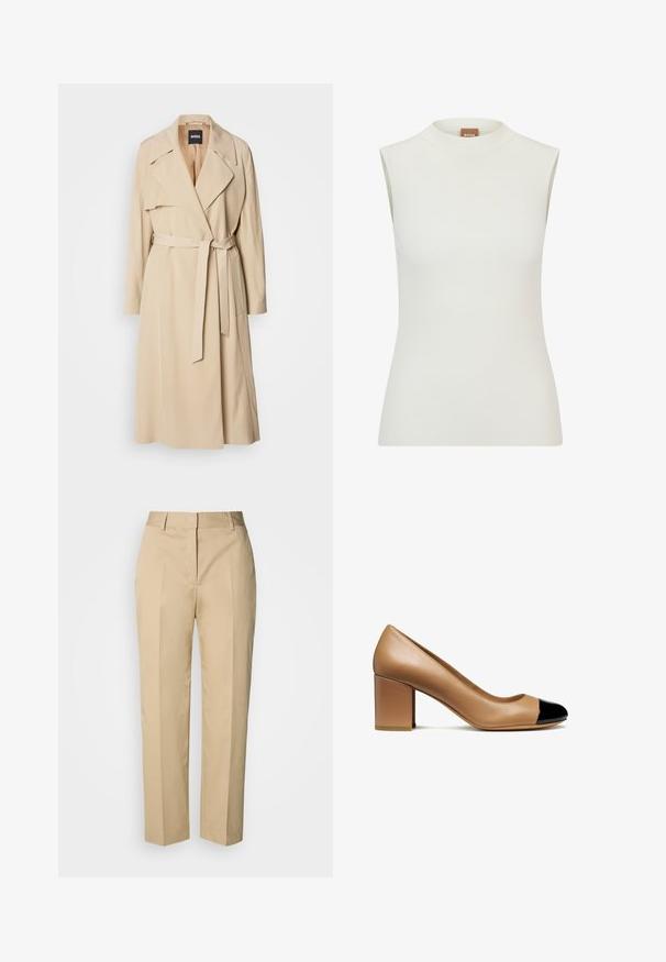 Beige trenchcoat van gladde stof, met een dubbelknoopsluiting, brede revers, een riem in de taille en zijzakken.; Witte, mouwloze top met een hoge halslijn, met een geribbeld textuur en een getailleerd ontwerp. Merkenlabel "BOSS" zichtbaar op de kraag.; Beige rechte broek met riemlussen, voorplooi en verborgen sluiting, afgebeeld tegen een lichte achtergrond.; Beige leren pump met een ronde teen en een zwarte lakkap, voorzien van een blokhak en een gladde textuur.
