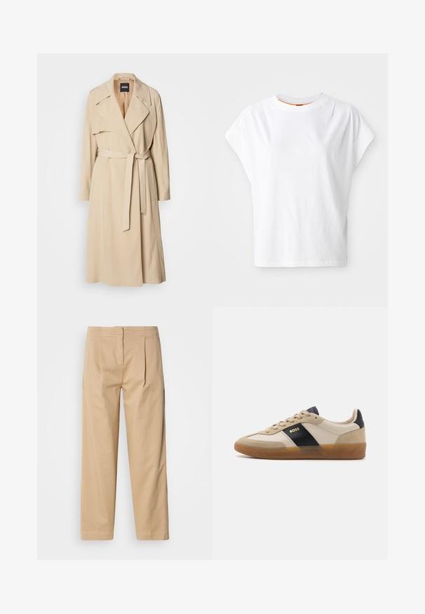 Beige trenchcoat van gladde stof, met een dubbelknoopsluiting, brede revers, een riem in de taille en zijzakken.; Witte T-shirt met korte mouwen en een losse pasvorm. Heeft een ronde hals en subtiele logodetails op de voorkant. Gemaakt van katoen.; Beige katoenen broek met een ontspannen pasvorm, voorzien van twee voorplooien, een rechte pijp en een klassieke knoopsluiting in de taille.; BOSS BRENTA - Sneakers laag - medium beige