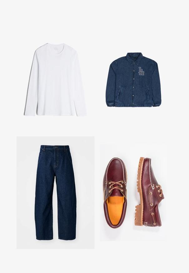 Dunkelblaue Jeansjacke mit Knöpfen, elastischen Bündchen, zwei Vordertaschen und weißem "LA"-Logo auf der linken Brust.; Langärmliges, weißes T-Shirt aus weicher Baumwolle. Verfügt über einen Rundhalsausschnitt, eine gerade Passform und eine glatte Textur ohne Muster oder Akzente.; Hellebeine Jeans aus dunklem Denim mit hoher Taille, fünf Taschen, vorderem Knopfverschluss und sichtbaren Nähten.; Bordeauxfarbene Lederschuhe mit braunen Gummisohlen, runder Zehenform, weißen Nähten und goldenen Ösen. Das Innenfutter weist eine gelbe Beschichtung auf.