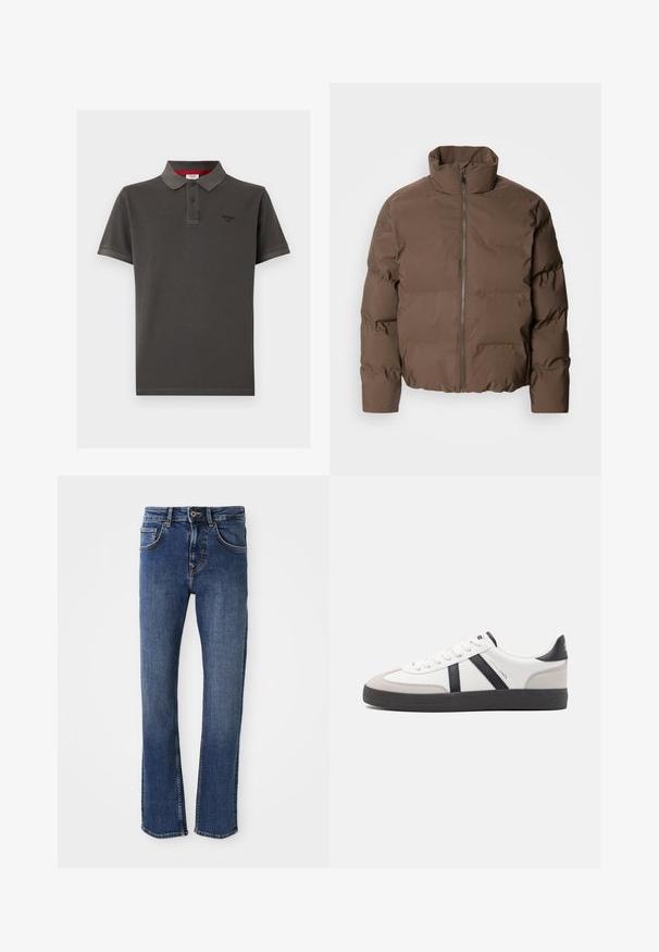 Lindbergh CROPPED SEAMLESS PUFFER JACKET - Winterjacke - khaki; Dunkelgraues Poloshirt aus Baumwolle mit klassischem Kragen, zwei Knopf-Leiste, kurzen Ärmeln und kleinem Logo auf der Brust.; Helle blaue Denim-Jeans im Straight-Leg-Design, im Fünf-Taschen-Stil, mit Metallknopfverschluss. Mit dezenter Naht und glatter Textur.; Weiße Sneaker mit schwarz- und grau-aczenten, ausgestattet mit einer strukturierten grauen Zehenkappe, schwarzer Gummi-Sohle und flachen weißen Schnürsenkeln. Sauberes Design, minimalistische Stil.