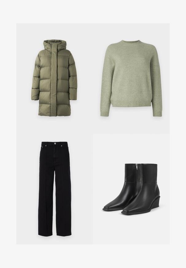Langer olivgrüner gepolsterter Wintermantel mit großem Kapuze und horizontaler Steppung, frontal auf einem weißen Hintergrund gezeigt.; DRYKORN PEMIRI - Strickpullover - green; Schwarze Denim-Hosen mit weitem Bein und hoher Taille, ausgestattet mit fünf Taschen, Metallknopfverschluss und geradem Nahtdetail an den Seiten.; Schwarze Leder-Stiefeletten mit spitzem Zeh, Wedge-Absatz und seitlichem Reißverschluss. Glatte Textur und minimalistisches Design.