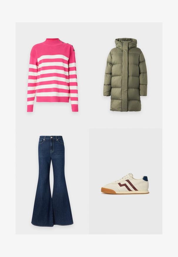 Longue doudoune hiver verte olive avec grande capuche et matelassage horizontal, présentée de face sur un fond blanc.; Pull-over en rose et blanc rayé. Doté d'un col montant et de détails en boutons sur l'épaule. Matière en tricot douce avec des bords côtelés.; Jean en denim bleu foncé évasé avec une taille haute, doté d'une fermeture à boutons sur le devant et de coutures contrastantes le long des coutures.; GANT BEYLANA - Baskets basses - white/port wine