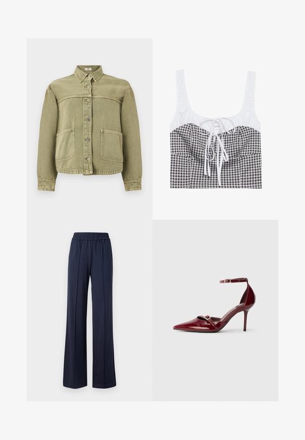 Lys olivengrøn denimjakke med lange ærmer, trykknaplukning foran, to store forlommer og en spids krave.; Sort og hvid ternet cropped top med en struktureret hvid overdel, firkantet udskæring og justerbar snor i midten. Har brede stropper.; Mørkeblå, bredbenede bukser med elastisk talje, lavet af et blødt, glat stof. Har rene linjer og en afslappet silhuet.; Bordeaux lakerede højhælede sko med spids tå, ankelrem og dekorative sølvspænde detaljer. Glat tekstur og strømlinet design.