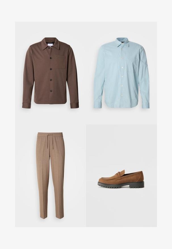 Lindbergh SUPERFLEX OVERSHIRT - Let jakke / Sommerjakker - khaki; Lyseblå ternet skjorte med lange ærmer, knap-ned krave, brystlomme og hvide knapper. Fremstillet af et glat stof.; Brune, vævede bukser med en afslappet pasform, snøre i taljen og frontfald. Lige ben og ingen synlige lommer eller metaldele.; Brune Suede loafers med en rund tå og en lav sort gummisål, der har et dekorativt bånd og syninger på overdelen.