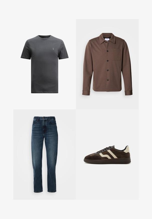 Lindbergh SUPERFLEX OVERSHIRT - Lichte jas - khaki; AllSaints BRACE CREW - T-shirt basic - CARTER GREY; Donkerblauwe recht gesneden jeans met een sluiting met knoop en rits aan de voorkant, vijf-pocket ontwerp en subtiele vervaging op de dijen en knieën.; Donkerbruine suède en ribfluwelen sneaker met beige zijstrepen, veters aan de voorkant en een getextureerde rubberen zool, van opzij tegen een witte achtergrond.