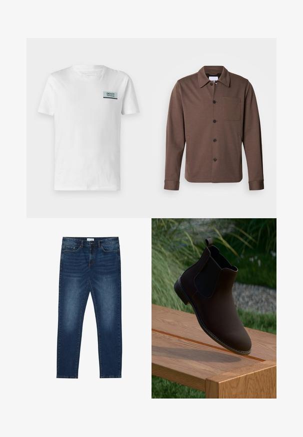 Lindbergh SUPERFLEX OVERSHIRT - Chaqueta fina - khaki; Camiseta de algodón blanca con un pequeño parche de logo azul y negro en el pecho. El diseño es simple, con cuello redondo y mangas cortas.; Vaqueros ajustados de color azul oscuro con detalles desgastados, diseño clásico de cinco bolsillos, cierre de botón y presillas para cinturón.; Botín de cuero marrón hasta el tobillo con paneles laterales elásticos, punta redonda, tacón bajo y una pestaña para facilitar su colocación, reposando sobre una superficie de madera.