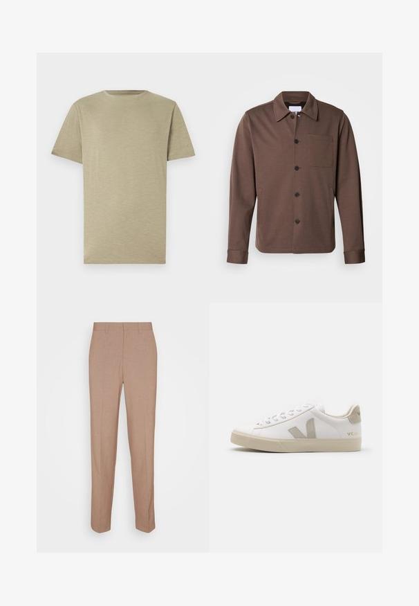 Lindbergh SUPERFLEX OVERSHIRT - Leichte Jacke - khaki; Helles Khaki-T-Shirt, kurze Ärmel, Rundhalsausschnitt, weiche Textur, glatter Stoff, ohne Muster oder Akzente, gerade geschnitten, neutrale Farbe.; Beige, maßgeschneiderte Hose aus glattem, strukturiertem Stoff. Gerade Passform mit Bund, ohne sichtbare Verzierungen oder Taschen.; Weiße Ledersneaker mit beigen Akzenten, flacher Gummisohle, runder Zehenpartie und kontrastierendem Logo an der Seite und Rückseite. Mit Schnürdesign.