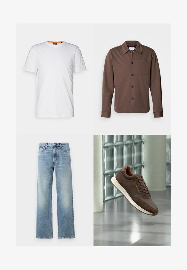 Lindbergh SUPERFLEX OVERSHIRT - Chaqueta fina - khaki; Camiseta de algodón blanca con cuello redondo, mangas cortas y un sutil logo en relieve en el pecho. La etiqueta interior tiene un acento naranja.; Vaqueros de mezclilla azul claro de corte recto con cintura alta, cinco bolsillos, cierre de botón y sutil desgaste en los muslos y las rodillas.; Zapatilla marrón con suela y cordones blancos, flotando en interiores frente a una pared de bloques de vidrio y un suelo de cemento.