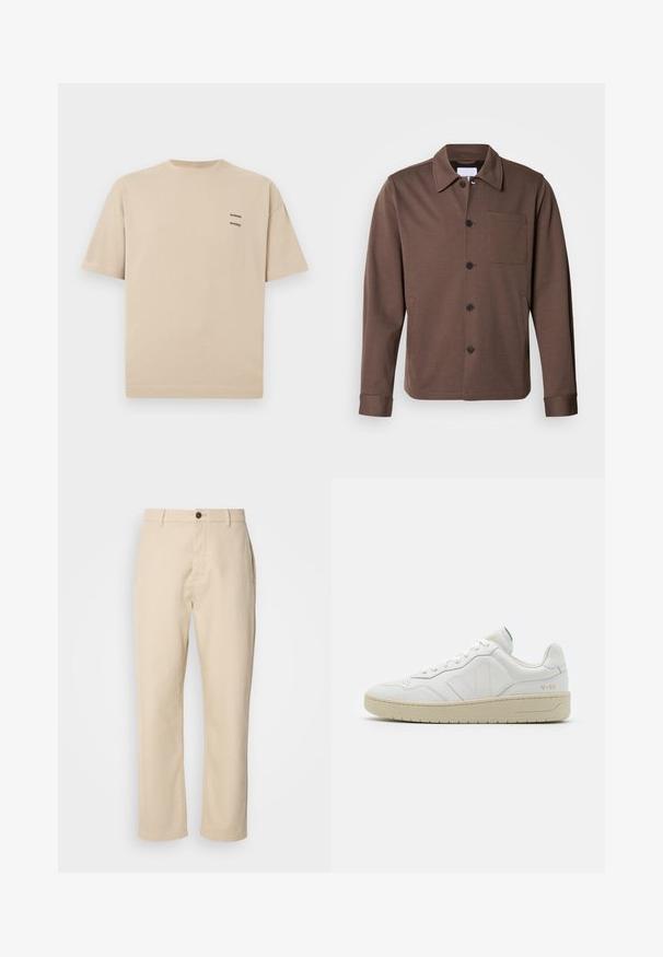 Lindbergh SUPERFLEX OVERSHIRT - Lichte jas - khaki; Beige katoenen T-shirt met een ronde halslijn en korte mouwen. Heeft een klein tekstlogo op de linkerbovenkant. Eenvoudig, onopgesmukt ontwerp.; Beige katoenen broek met rechte benen, een sluiting met een voorste knoop, zijzakken en een soepele textuur. Minimalistisch ontwerp, zonder zichtbare patronen.; Witte leren sneakers met een gestructureerde afwerking en een gevoerde kraag. Voorzien van een beige rubberen zool en subtiele branding op de hiel en zijkant.