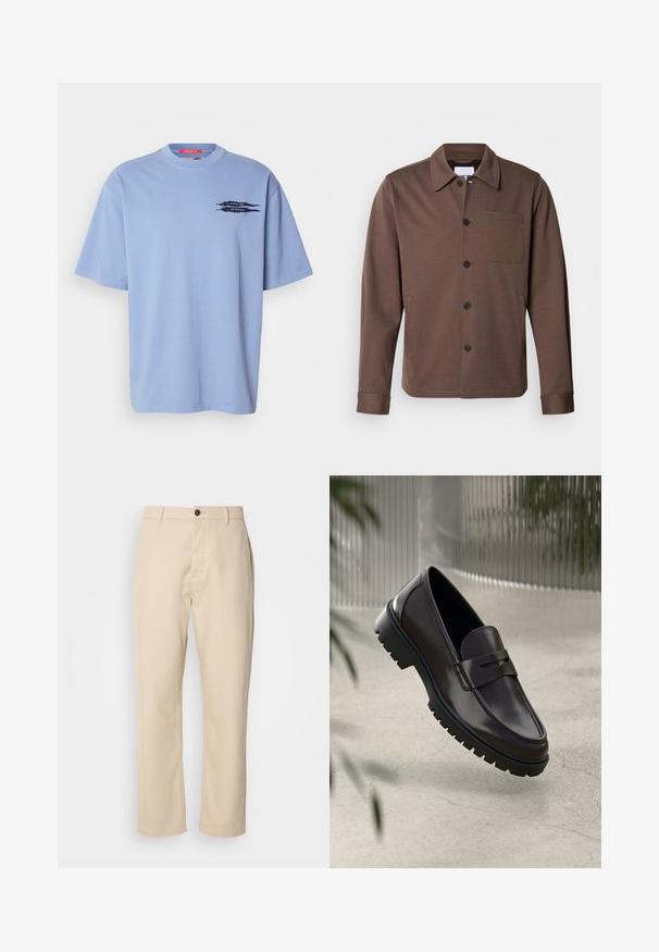 Lindbergh SUPERFLEX OVERSHIRT - Lichte jas - khaki; Lichtblauw T-shirt met korte mouwen van katoen. Heeft een ronde hals en een zwarte grafische print van pijlen op het linkerbovenborstgebied.; Beige katoenen broek met rechte benen, een sluiting met een voorste knoop, zijzakken en een soepele textuur. Minimalistisch ontwerp, zonder zichtbare patronen.; Bruine leren loafers met een getextureerde, geribbelde rubberen zool. Beschikt over een slank ontwerp en een decoratieve band over de wreef.