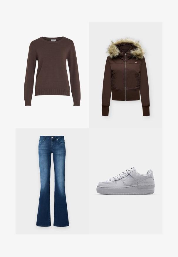 Brun lynlåsjakke med pelsforet hætte, to forlommer med knapper, ribstrikkede ærmegab og et lille logo på brystet.; VILA VIRIL O-NECK L/S KNIT TOP - NOOS - Striktrøje - coffee bean; ONLY Tall Flared fit ONLTIGER Low waist Wide Leg - Flared jeans - dark blue denim; Grå Nike Air Force 1 sneakers med perforeret tå, glat læderoverdel, tyk sål og præget 'AIR' detalje på hælen.