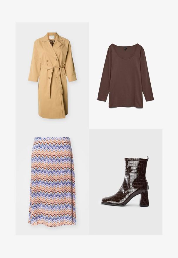 Beige dubbelgeknoopte trenchcoat met tailleceintuur, revers met inkeping en een luipaardprint voering zichtbaar bij de halslijn.; Bruine shirt met lange mouwen en een brede ronde hals, gemaakt van zachte stof, plat uitgestald op een witte achtergrond.; Multicolore zigzag patroon rok. Gemaakt van lichtgewicht stof, met een uitlopende silhoët en een tailleband. Voornamelijk oranje, blauw en rood.; Donkerbruin gepatineerd leren enkelboot met krokodillenstructuur, blokhak en trekband aan de achterkant, tegen een witte achtergrond.