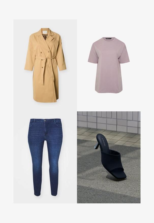 Beige dobbeltradet trenchcoat med taljebælte, hakkede revers og leopardprint-foret, der ses ved halsudskæringen.; Simpel, lavendelfarvet T-shirt med korte ærmer og rund hals, løs pasform og en synlig sort etiket indeni halsudskæringen.; Mørkeblå slim-fit denim jeans med frontknap og lommer, vist fra forsiden mod en hvid baggrund.; Sort åben tå mule med blokhæl og firkantet tå, mærket "EVEN&ODD," placeret på gråt fortov nær flisebelagt væg.