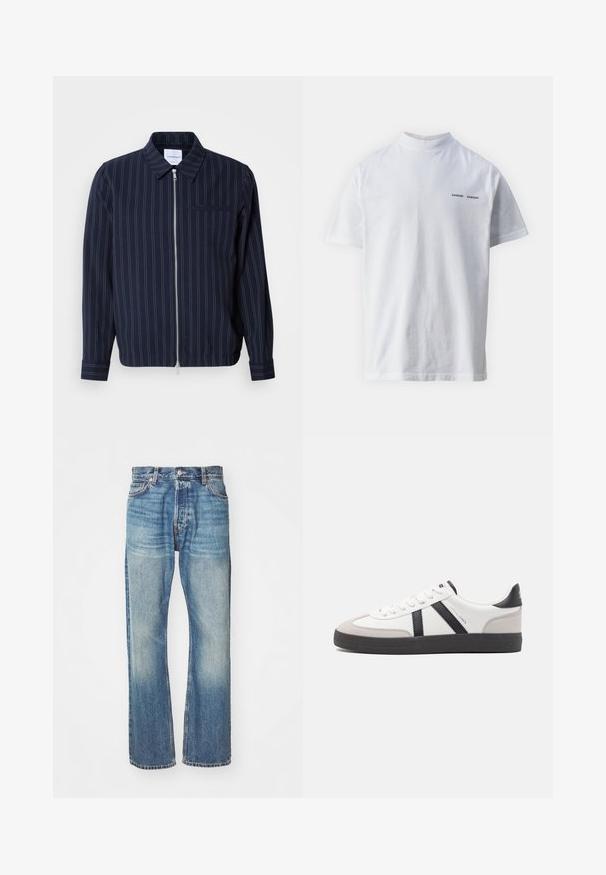 Marineblauwe jas van een katoenmix met witte verticale strepen, een kraag, een volledige rits en een borstzak. Lange mouwen met manchetten.; Witte katoenen t-shirt met een hoge hals en korte mouwen. Voorzien van het 'SAMSØE SAMSØE' logo in het zwart op de voorkant. Glad van textuur.; Lichtblauwe denimjeans met een klassiek recht model, vervaagde afwerking en zichtbare stiksels overal. Voorzien van steekzakken en riemlussen.; Witte sneaker met zwarte en grijze accenten, voorzien van een grijze neus met textuur, zwarte rubberen zool en platte witte veters. Schoon ontwerp, minimalistische stijl.