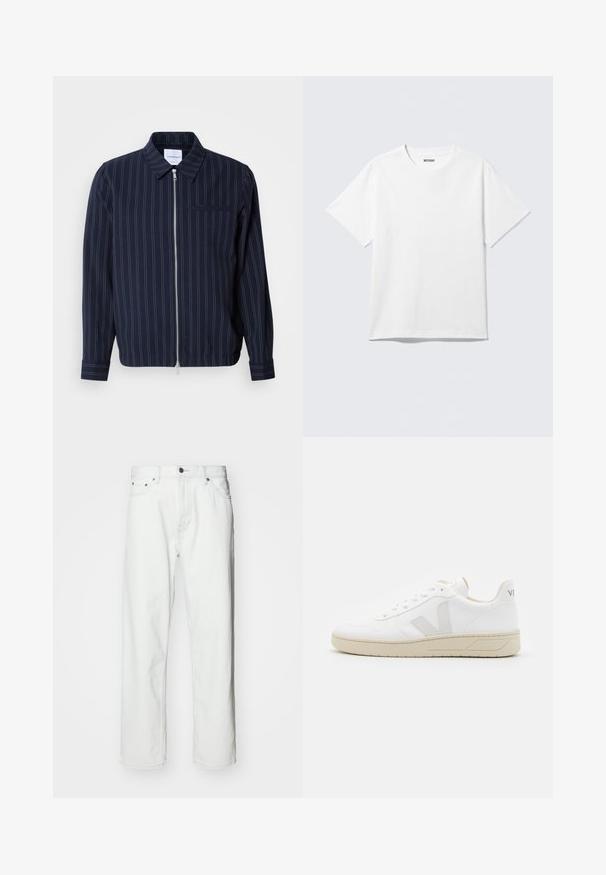 Marineblauwe jas van een katoenmix met witte verticale strepen, een kraag, een volledige rits en een borstzak. Lange mouwen met manchetten.; Witte T-shirt met korte mouwen en ronde hals, plat gelegd, effen ontwerp, met een "WEEKDAY" label in de kraag op een lichte achtergrond.; Witte denim jeans met een rechte snit, vijf-pocket ontwerp, knoopsluiting en subtiele stikseldetails. Gladde textuur en minimalistische stijl.; Witte sneakers met een geperforeerde textuur op de neus, een glad leren bovenwerk, een beige zool en een subtiele logo op de hak.