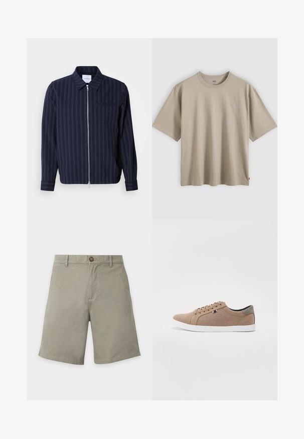 Chaqueta de navy hecha de una mezcla de algodón con rayas verticales blancas, cuello con solapa, cremallera completa y un bolsillo en el pecho. Mangas largas con puños.; Camiseta de algodón beige con cuello redondo, mangas cortas y una pequeña etiqueta con la marca en el pecho izquierdo. Textura suave, ajuste casual.; Pantalones cortos gris claro hasta la rodilla con botón frontal, trabillas para cinturón y bolsillos laterales sobre un fondo blanco.; Zapatillas de lona beige con un diseño de caña baja, suela de goma blanca y cordones redondos. Presenta un acento en el talón gris contrastante y un detalle del logo.